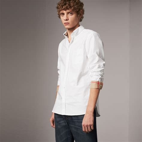 burberry camicia bianco cotone motivi check taschino|Check Cotton Shirt in Husk .